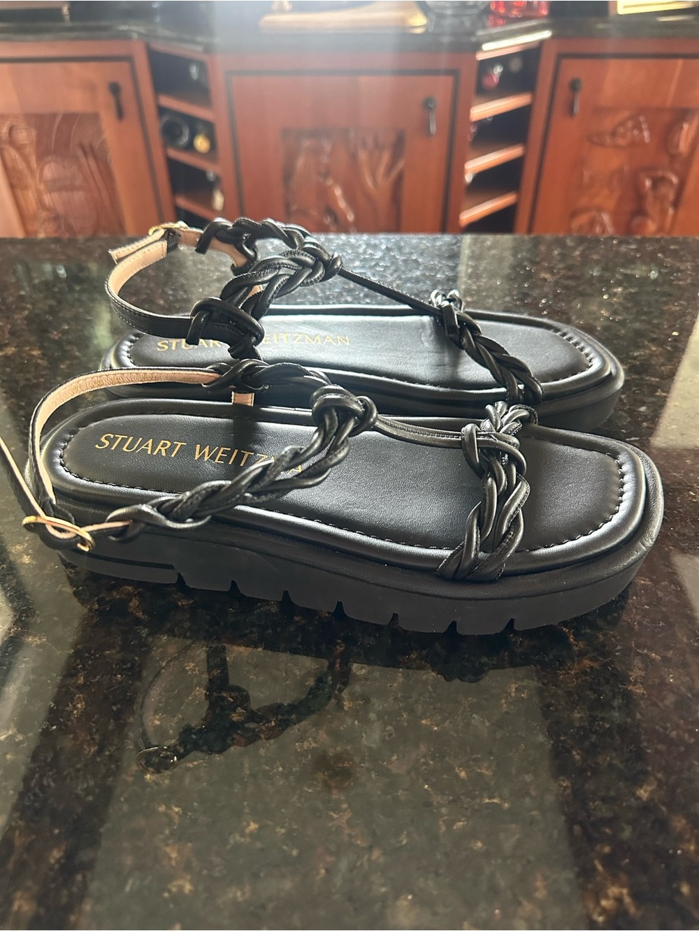 Stuart Weitzman Black Braided Strap Lug-Sole Sandals
